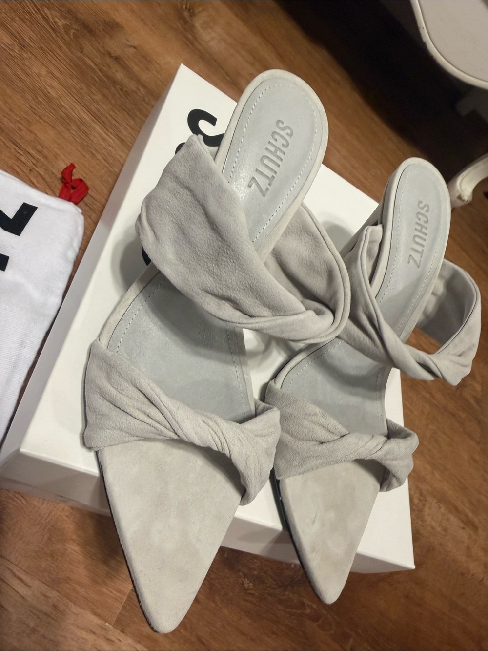 SCHUTZ Light Gray Suede Pointed Toe Knot Mules - Picture 8 of 16
